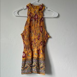 Rachel Zoe Smocked Sleeveless Halter Summer Blouse Yellow Floral Small NWT